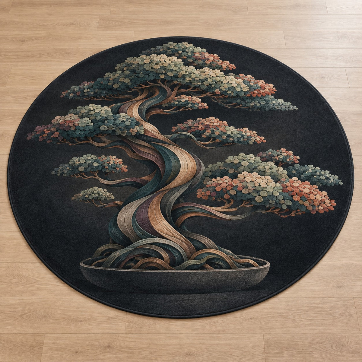 Midnight Bonsai Cloudrise Area Rug with dimensional printed themed artwork; representative AI-generated mockup.