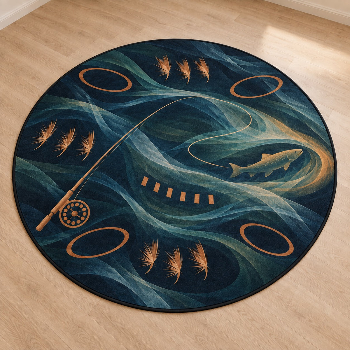 Rifflelight Cast Journey Area Rug with dimensional printed themed artwork; representative AI-generated mockup.