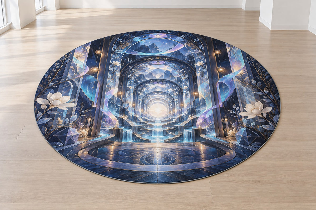 Logic Aurora Nexus Area Rug with dimensional printed themed artwork; representative AI-generated mockup.
