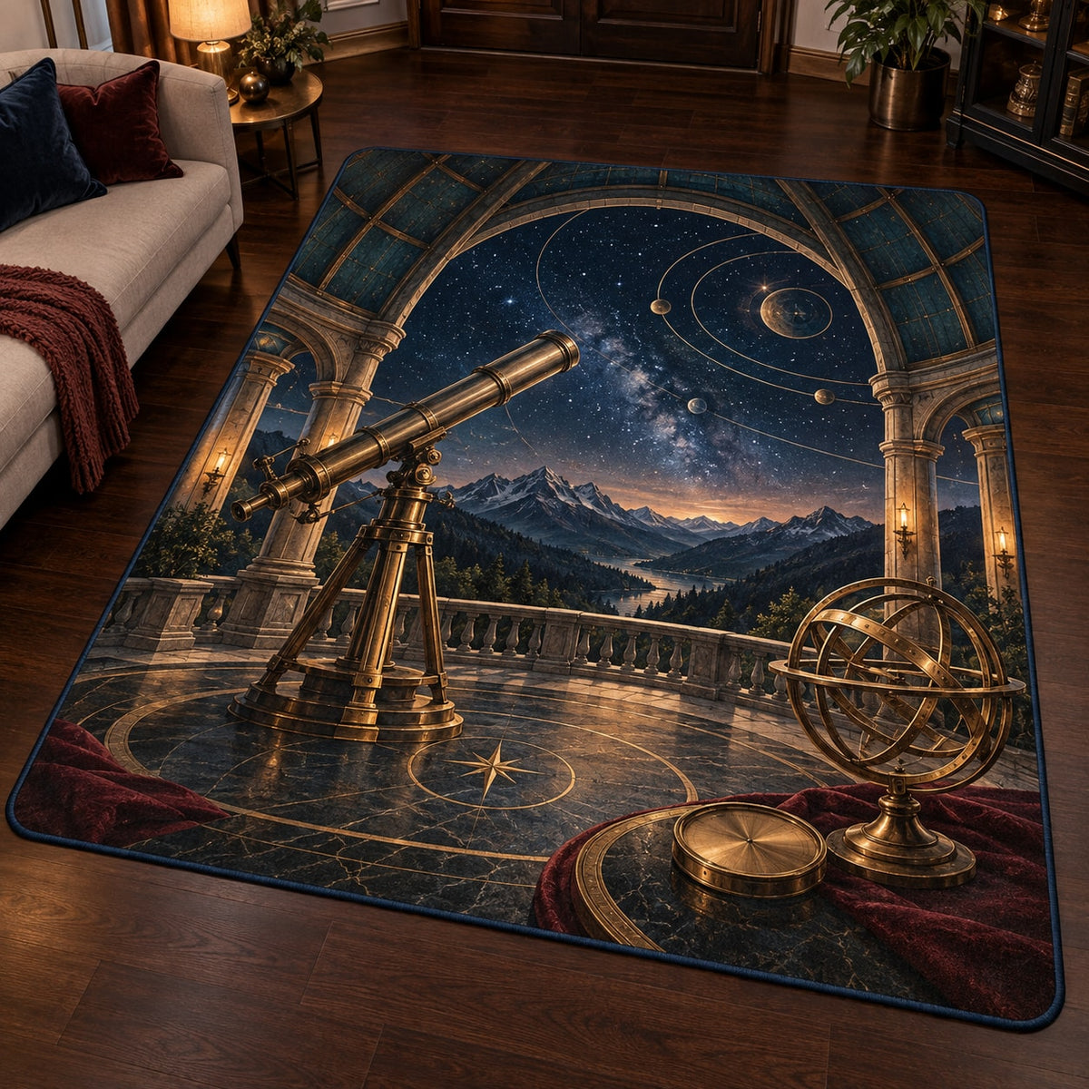 Astronomical Instruments Area Rug with dimensional printed themed artwork; representative AI-generated mockup.