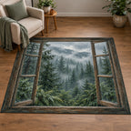 Rainy Forest Window Area Rug with dimensional printed themed artwork; representative AI-generated mockup.