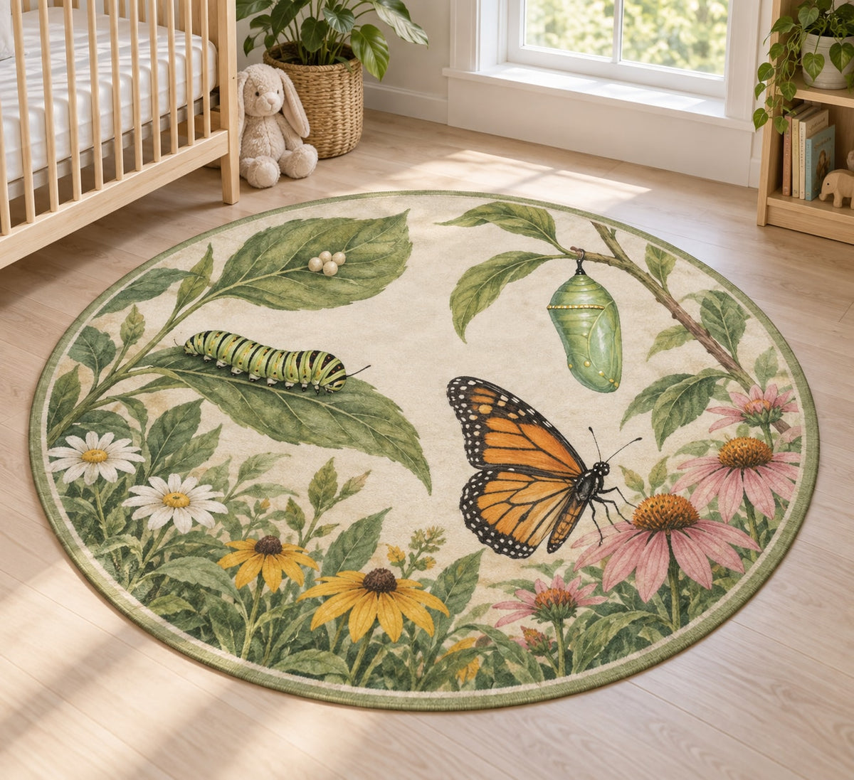 Butterfly Life Stages Area Rug with dimensional printed themed artwork; representative AI-generated mockup.