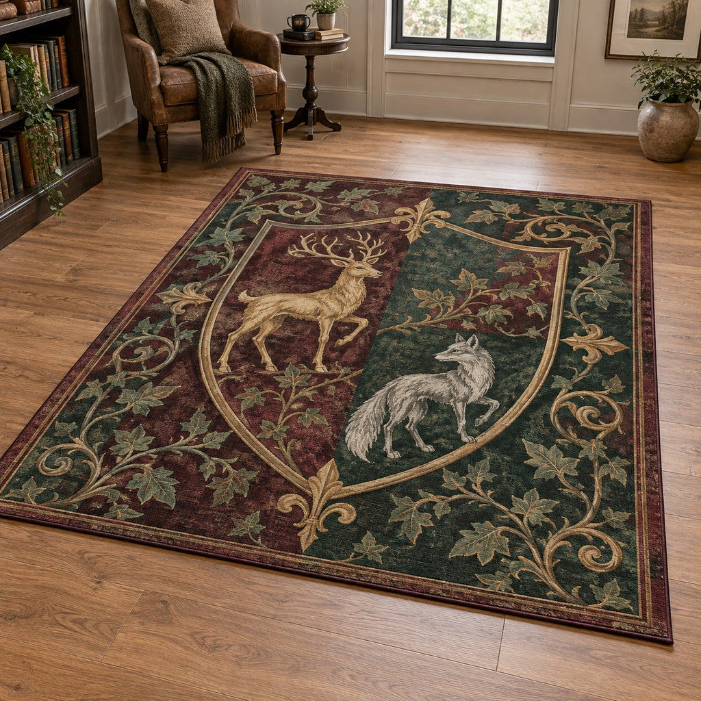 Medieval Heraldic Animals Area Rug with dimensional printed themed artwork; representative AI-generated mockup.