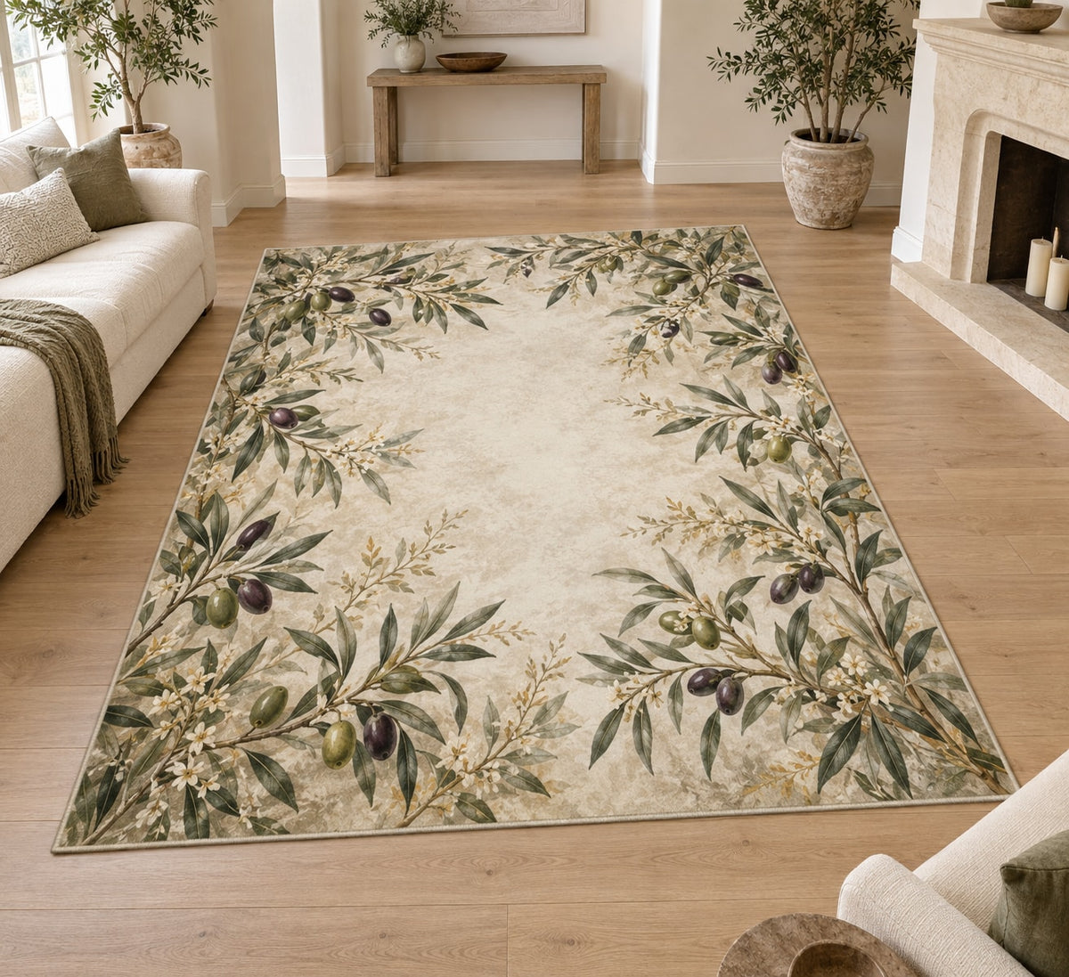 Olive Grove Botanical Area Rug with dimensional printed themed artwork; representative AI-generated mockup.
