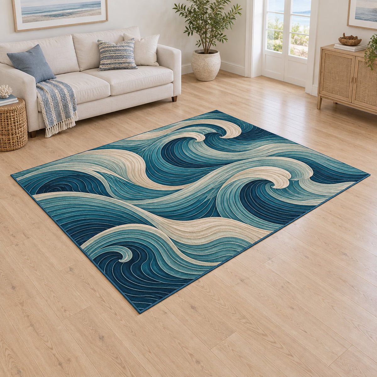 Ocean Wave Linework Area Rug with dimensional printed themed artwork; representative AI-generated mockup.