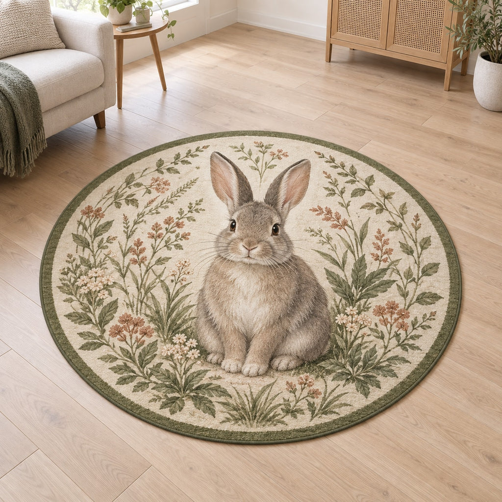 House Rabbit Companion Area Rug with dimensional printed themed artwork; representative AI-generated mockup.
