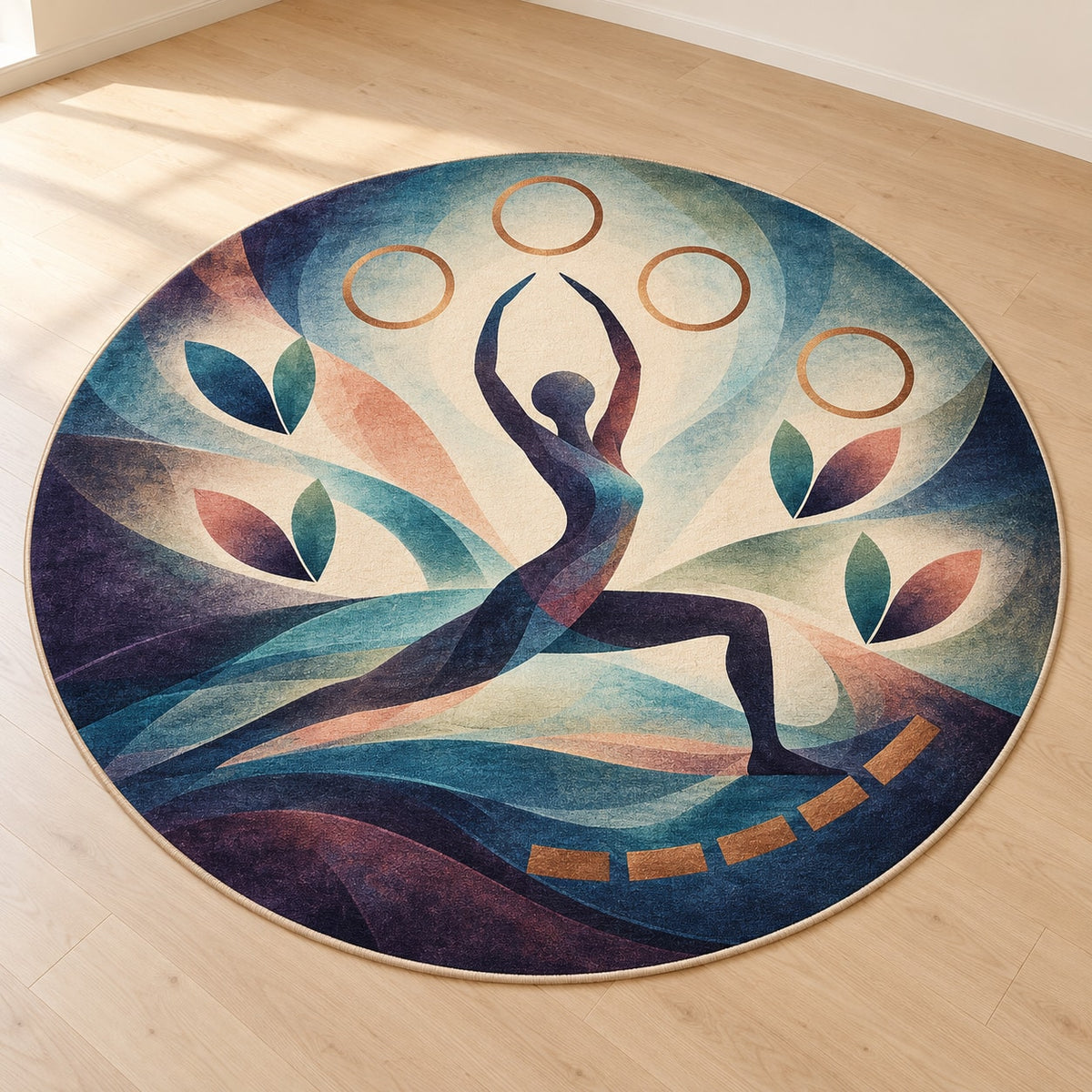 Stillpoint Prism Flow Area Rug with dimensional printed themed artwork; representative AI-generated mockup.