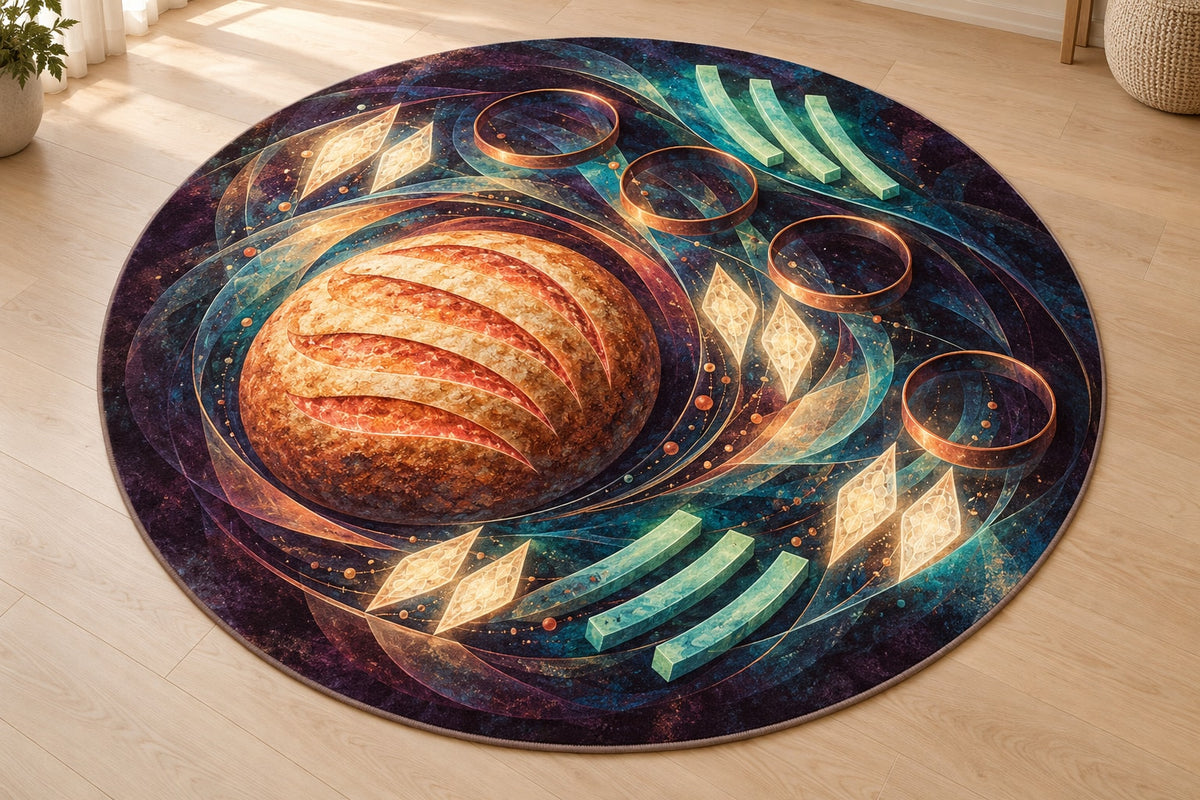 Crumb Lantern Fermentation Area Rug with dimensional printed themed artwork; representative AI-generated mockup.