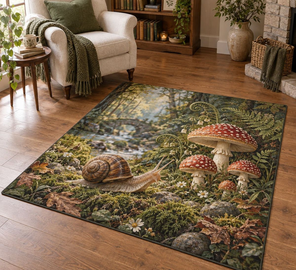 Snail and Toadstool Area Rug with dimensional printed themed artwork; representative AI-generated mockup.