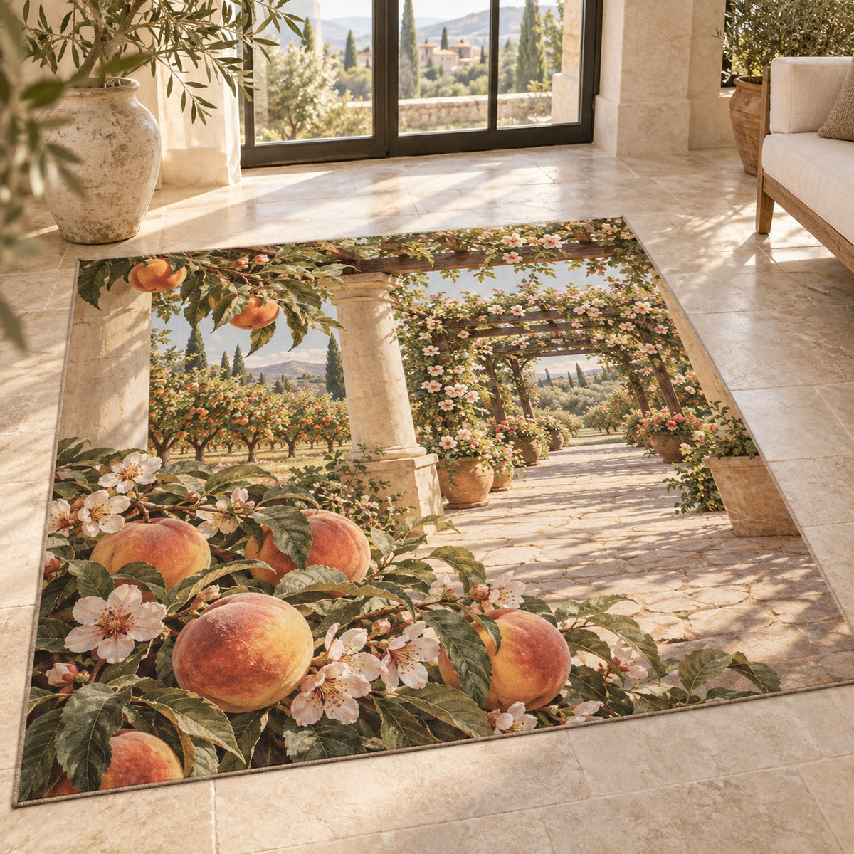 Peach Orchard Area Rug with dimensional printed themed artwork; representative AI-generated mockup.