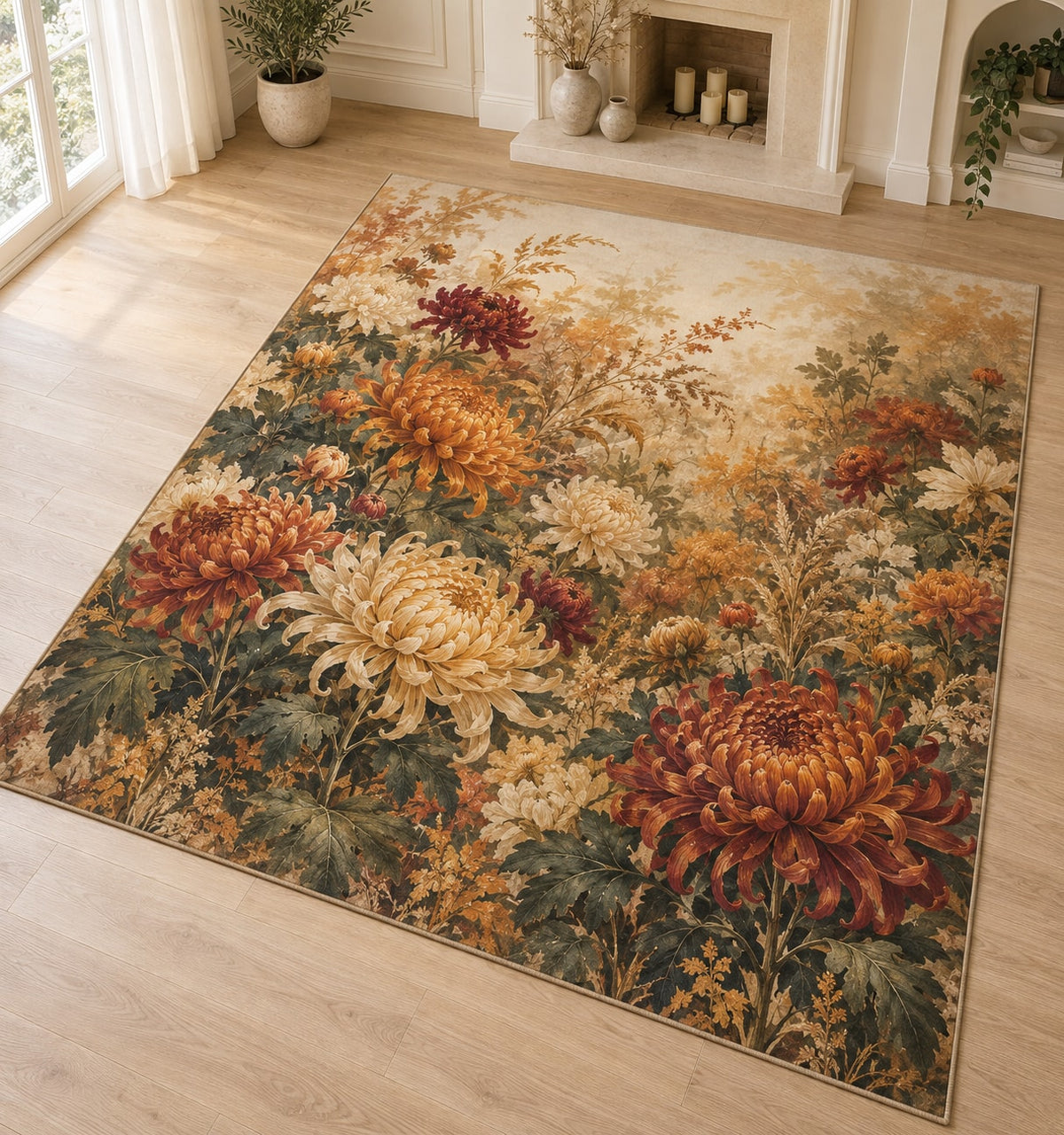 Chrysanthemum Autumn Garden Area Rug with dimensional printed themed artwork; representative AI-generated mockup.