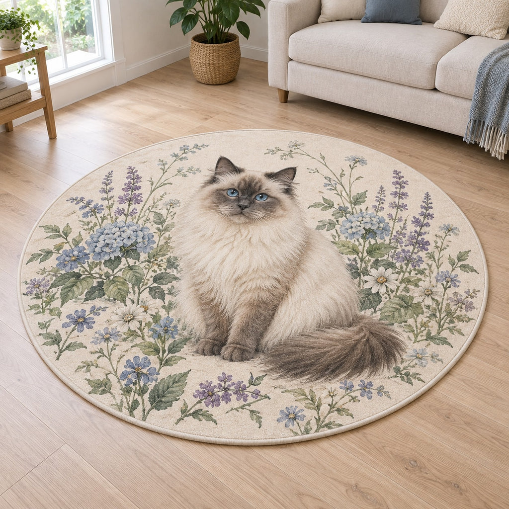 Ragdoll Cat Companion Area Rug with dimensional printed themed artwork; representative AI-generated mockup.