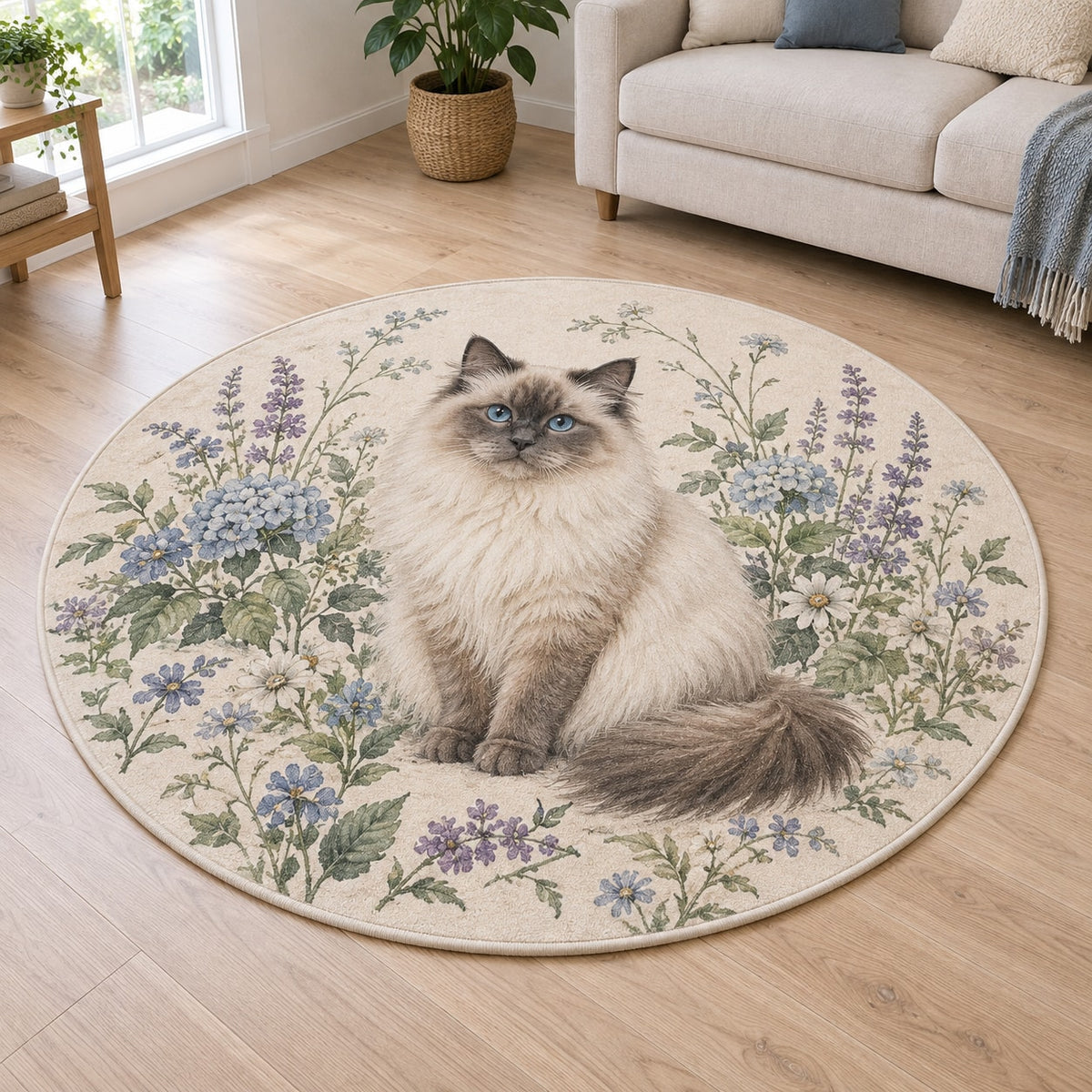 Ragdoll Cat Companion Area Rug with dimensional printed themed artwork; representative AI-generated mockup.