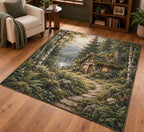 Woodland Cottage Area Rug with dimensional printed themed artwork; representative AI-generated mockup.