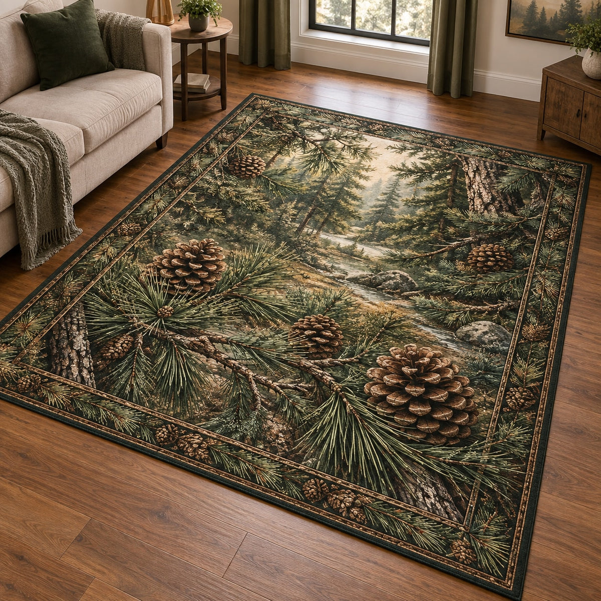 Pinecones and Needles Area Rug with dimensional printed themed artwork; representative AI-generated mockup.