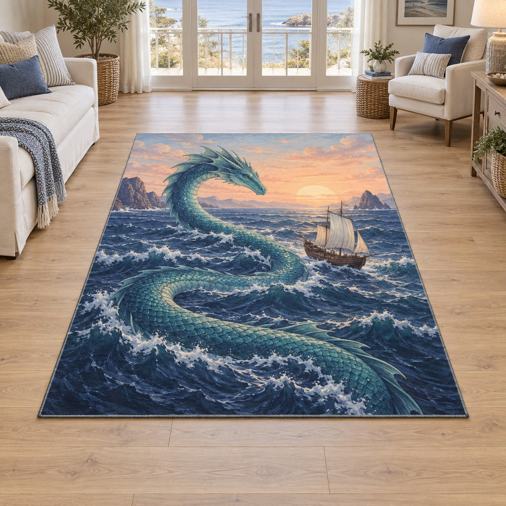 Sea Serpent Voyage Area Rug with dimensional printed themed artwork; representative AI-generated mockup.