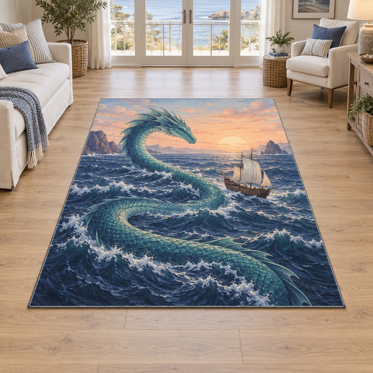 Sea Serpent Voyage Area Rug with dimensional printed themed artwork; representative AI-generated mockup.