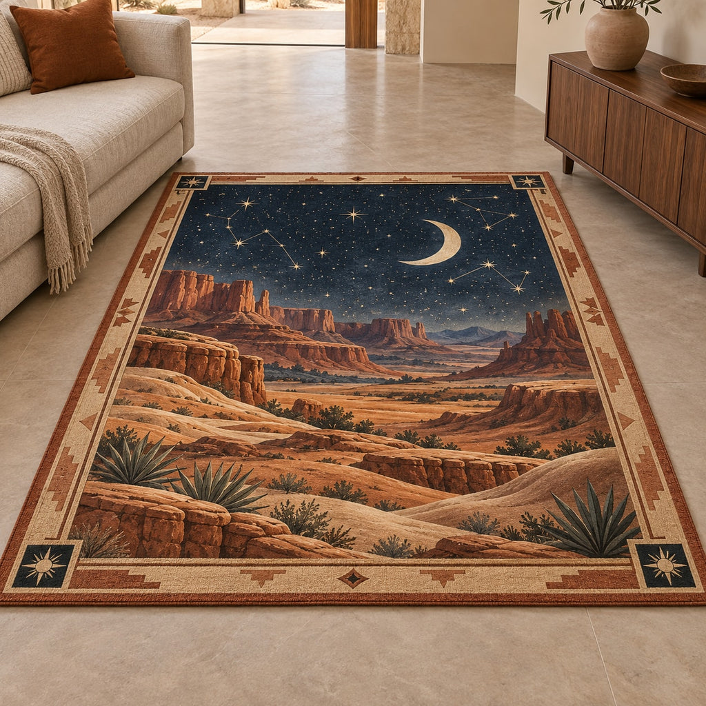 Desert Night Sky Area Rug with dimensional printed themed artwork; representative AI-generated mockup.
