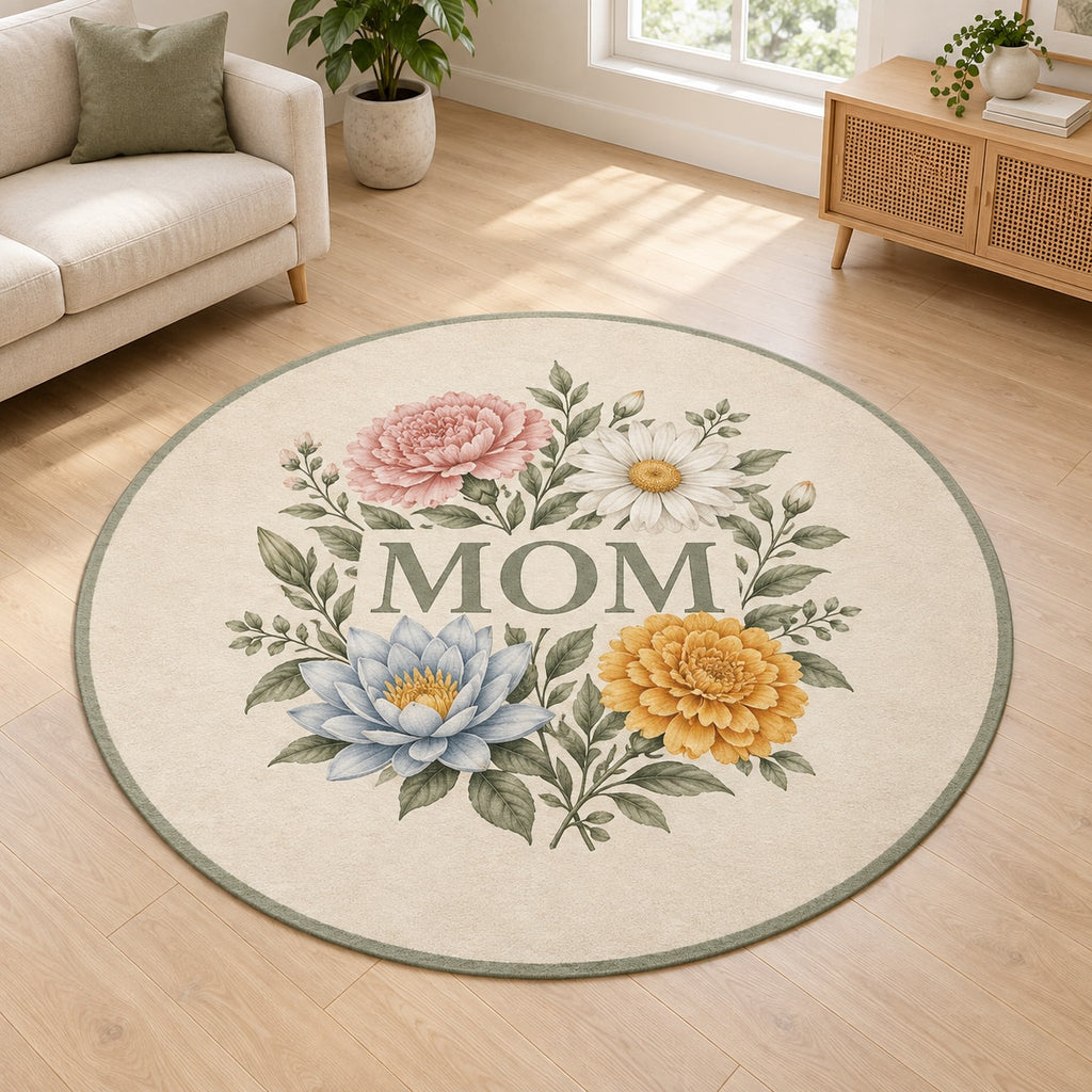 Mother Family Birth Flowers Area Rug with dimensional printed themed artwork; representative AI-generated mockup.