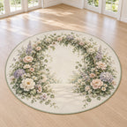 First Birthday Garden Arch Area Rug with dimensional printed themed artwork; representative AI-generated mockup.