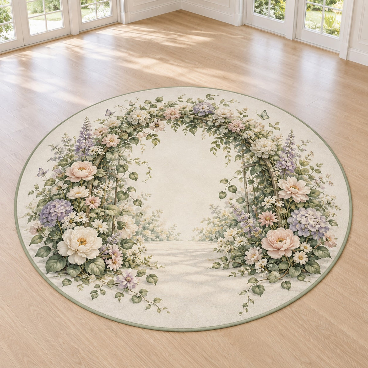 First Birthday Garden Arch Area Rug with dimensional printed themed artwork; representative AI-generated mockup.