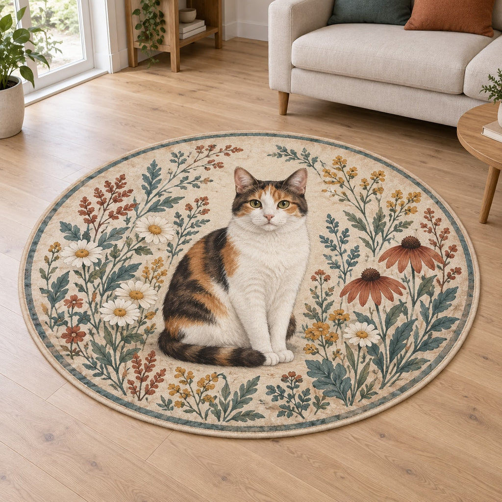 Calico Cat Companion Area Rug with dimensional printed themed artwork; representative AI-generated mockup.