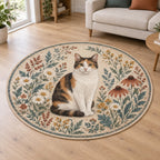 Calico Cat Companion Area Rug with dimensional printed themed artwork; representative AI-generated mockup.