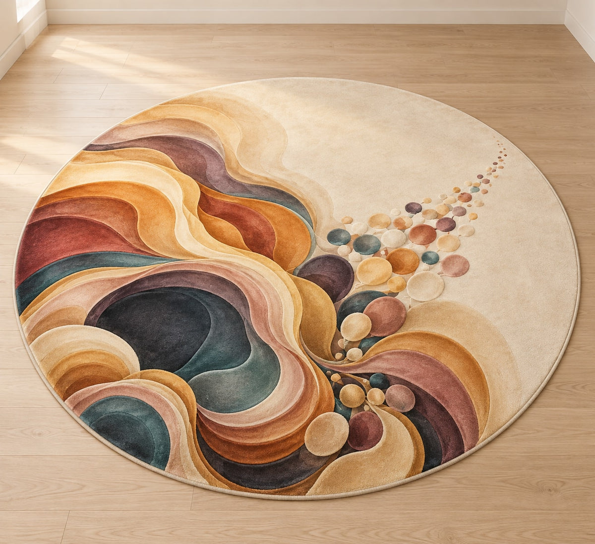 Luminous Waxfold Cascade Area Rug with dimensional printed themed artwork; representative AI-generated mockup.