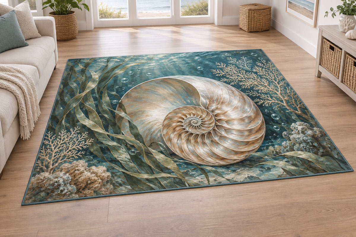 Nautilus Spiral Area Rug with dimensional printed themed artwork; representative AI-generated mockup.