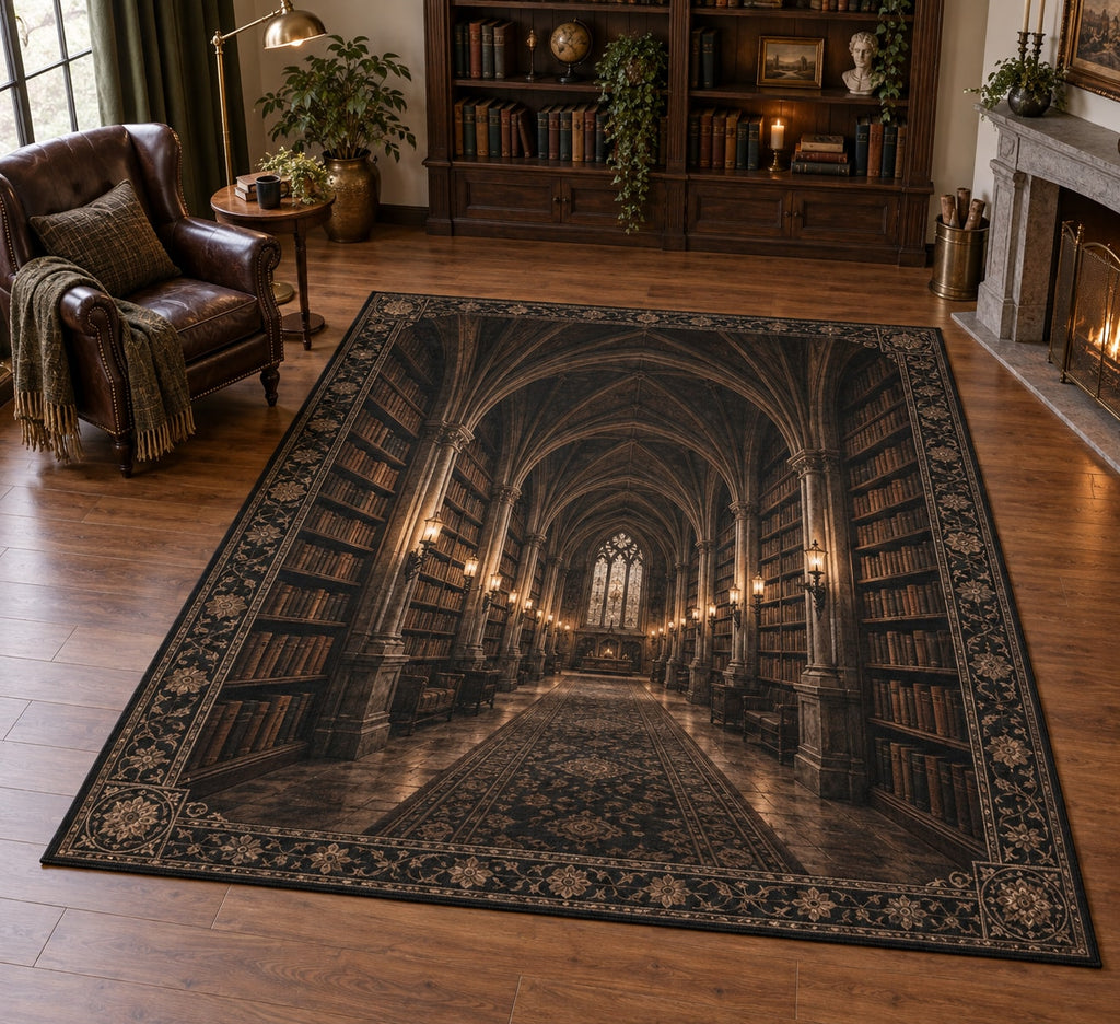 Dark Academia Library Area Rug with dimensional printed themed artwork; representative AI-generated mockup.