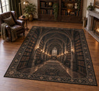 Dark Academia Library Area Rug with dimensional printed themed artwork; representative AI-generated mockup.
