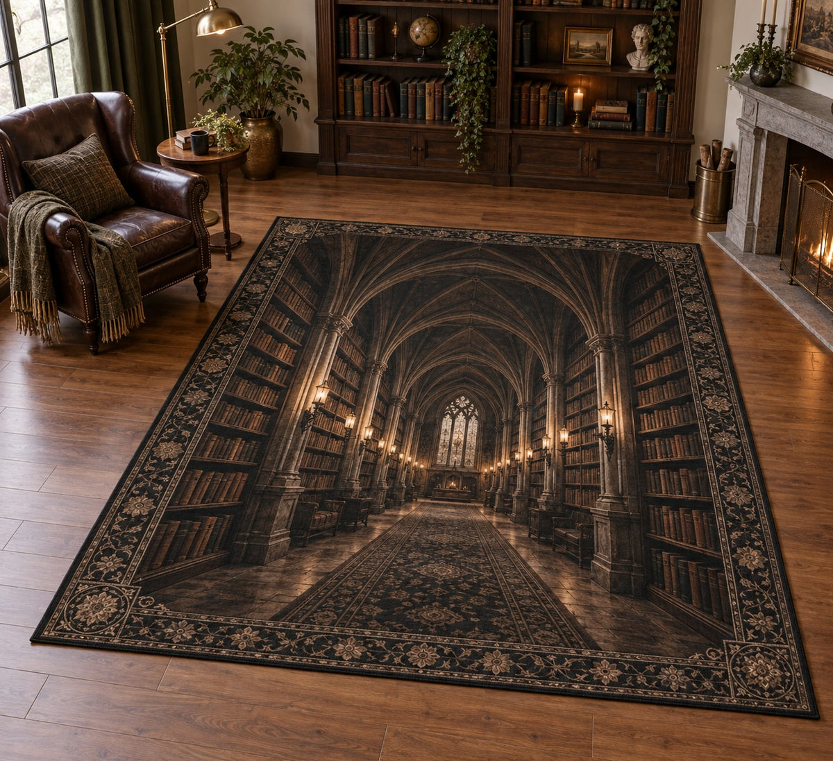 Dark Academia Library Area Rug with dimensional printed themed artwork; representative AI-generated mockup.