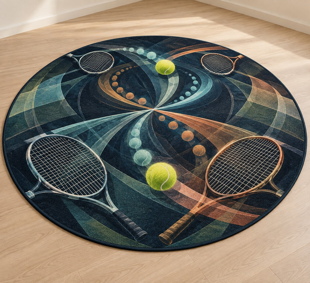 Doubles Rally Labyrinth Area Rug with dimensional printed themed artwork; representative AI-generated mockup.
