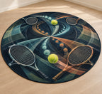 Doubles Rally Labyrinth Area Rug with dimensional printed themed artwork; representative AI-generated mockup.