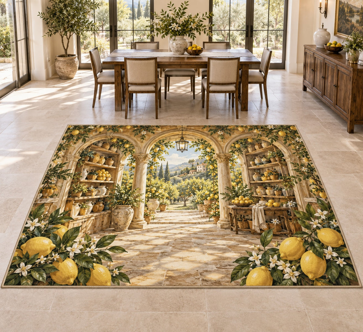 Lemon Kitchen Area Rug with dimensional printed themed artwork; representative AI-generated mockup.