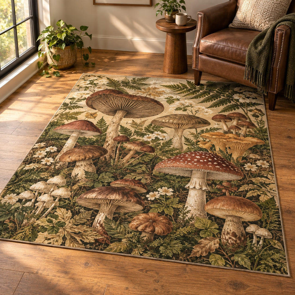 Mushroom Field Journal Area Rug with dimensional printed themed artwork; representative AI-generated mockup.