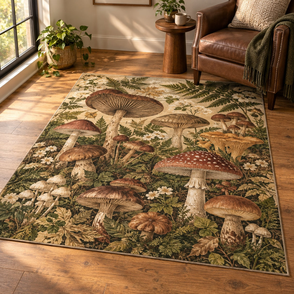 Mushroom Field Journal Area Rug with dimensional printed themed artwork; representative AI-generated mockup.