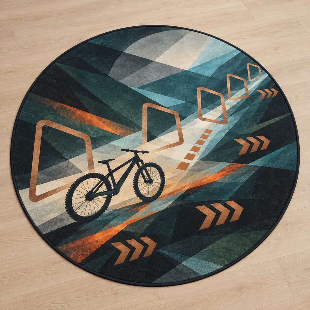 Switchback Ember Traverse Area Rug with dimensional printed themed artwork; representative AI-generated mockup.