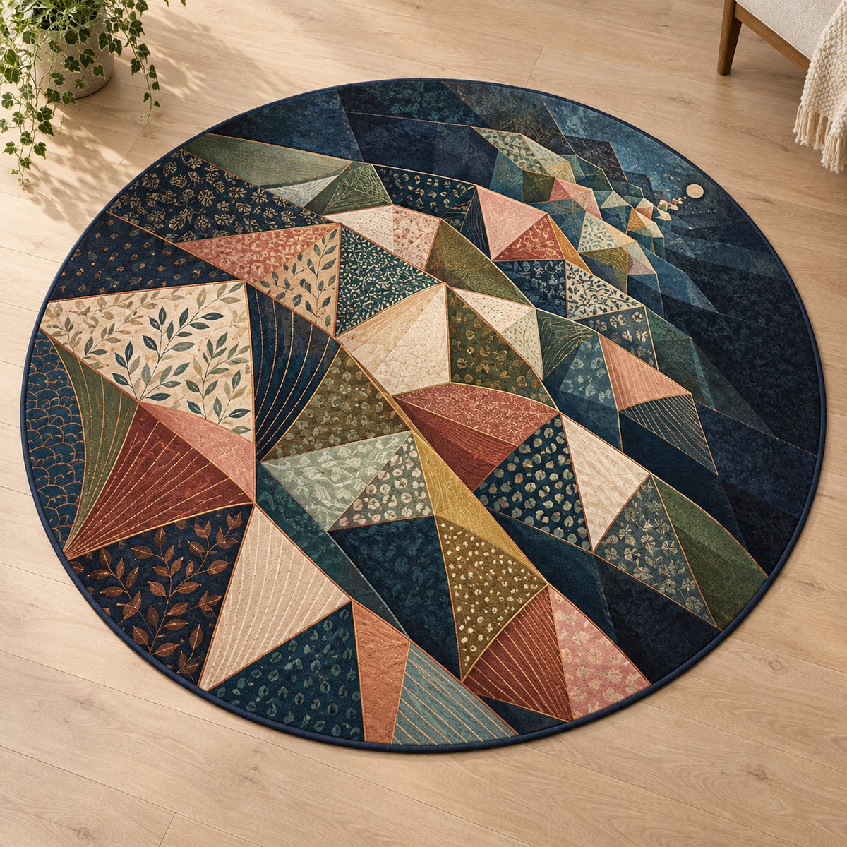 Prismatic Quiltwork Cascade Area Rug with dimensional printed themed artwork; representative AI-generated mockup.