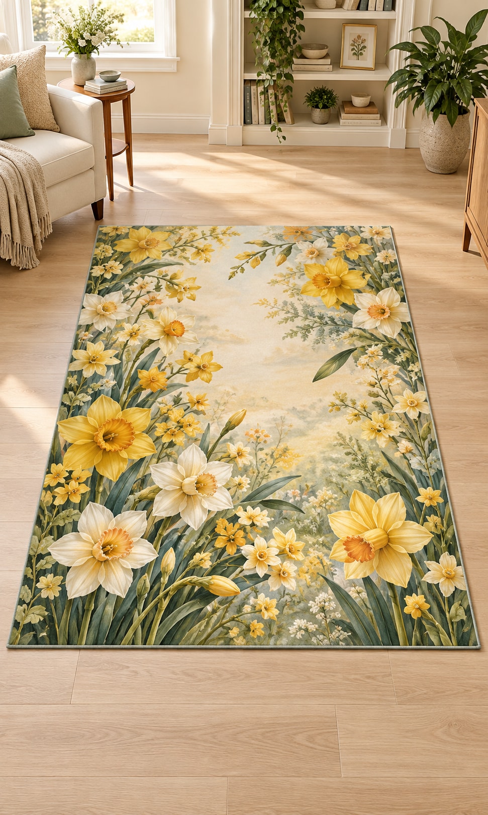 Daffodil and Jonquil Area Rug with dimensional printed themed artwork; representative AI-generated mockup.