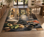 Sushi Ingredient Study Area Rug with dimensional printed themed artwork; representative AI-generated mockup.