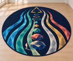 Aurora Cairn Ascension Area Rug with dimensional printed themed artwork; representative AI-generated mockup.