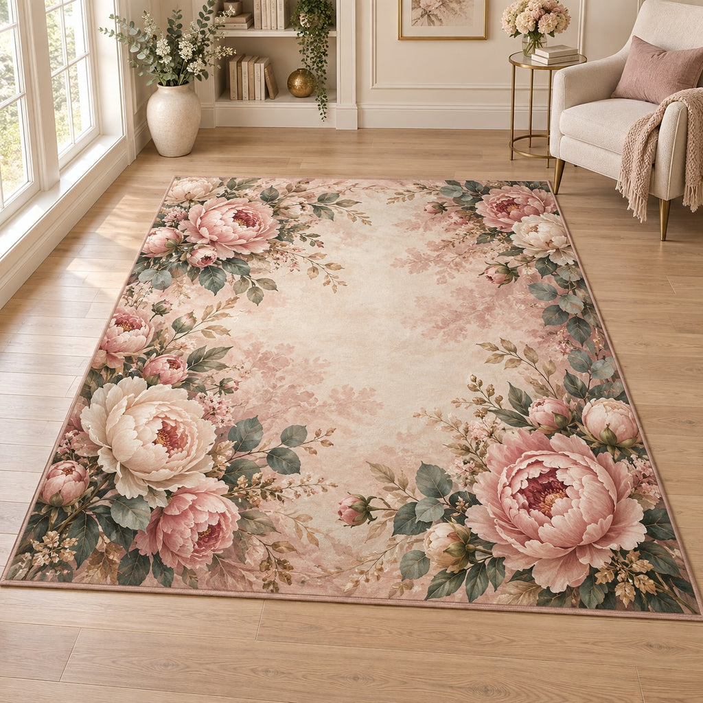 Peony Bouquet Area Rug with dimensional printed themed artwork; representative AI-generated mockup.
