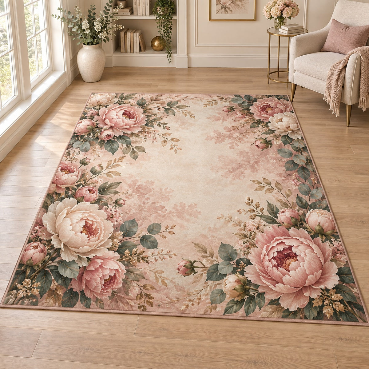 Peony Bouquet Area Rug with dimensional printed themed artwork; representative AI-generated mockup.