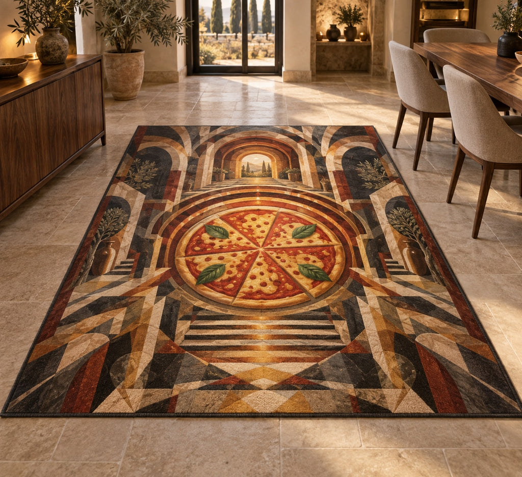 Pizza Night Ember Portal Area Rug with dimensional printed themed artwork; representative AI-generated mockup.