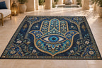 Hamsa Eye Mosaic Area Rug with dimensional printed themed artwork; representative AI-generated mockup.