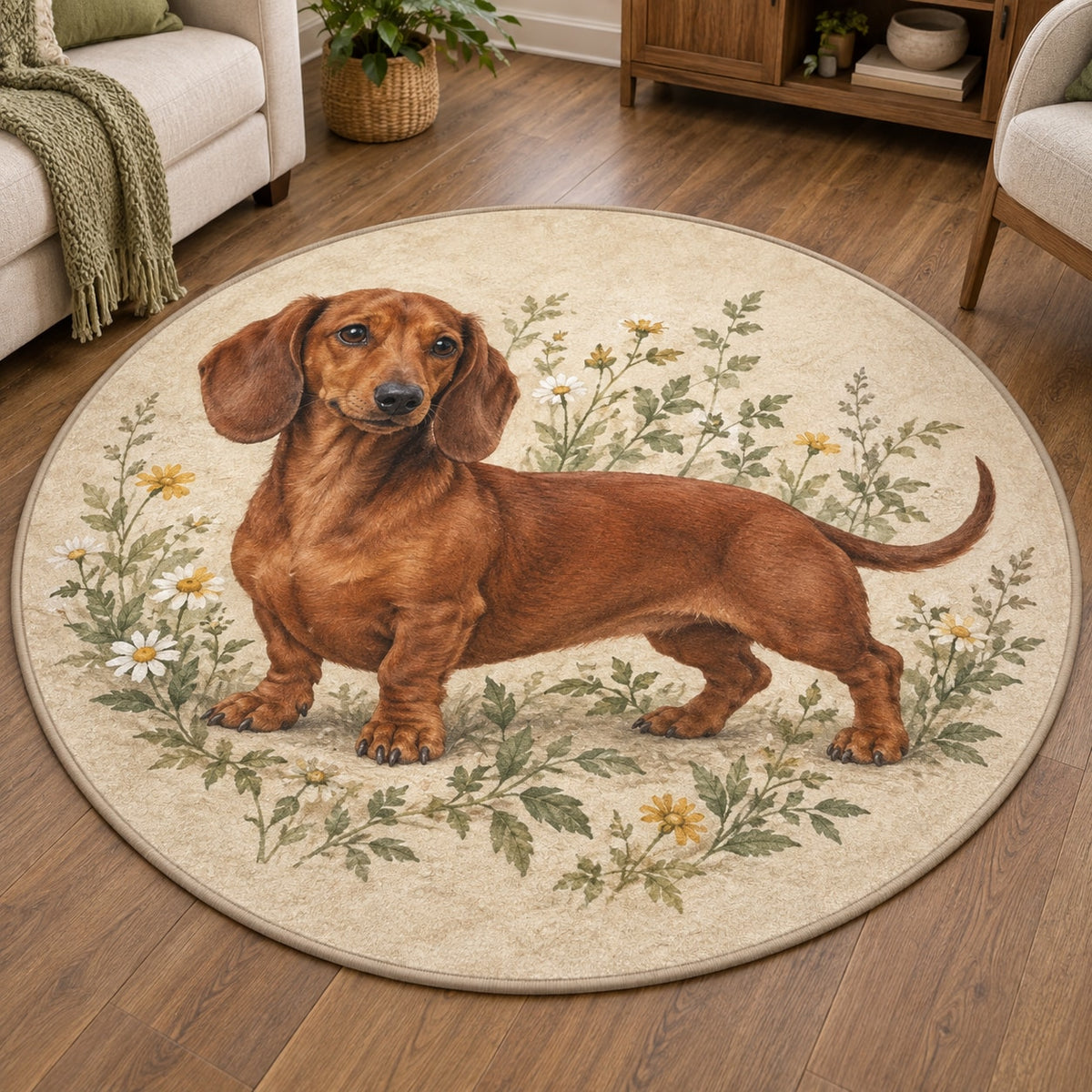 Dachshund Area Rug with dimensional printed themed artwork; representative AI-generated mockup.