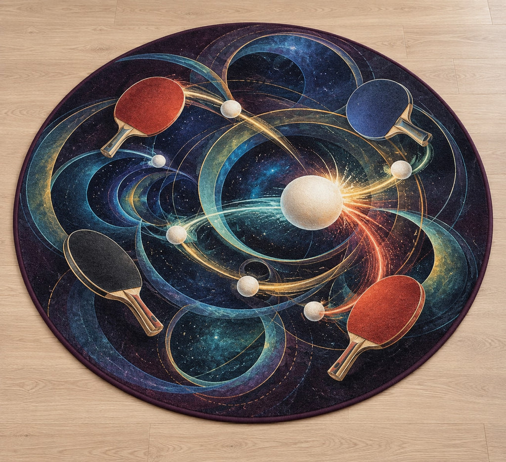 Spinvector Rally Observatory Area Rug with dimensional printed themed artwork; representative AI-generated mockup.