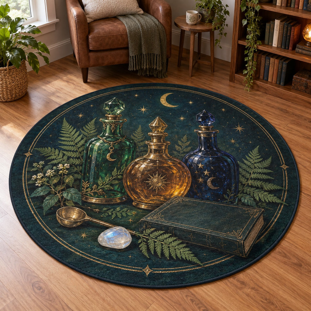 Potion Bottle Still Life Area Rug with dimensional printed themed artwork; representative AI-generated mockup.