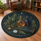 Potion Bottle Still Life Area Rug with dimensional printed themed artwork; representative AI-generated mockup.